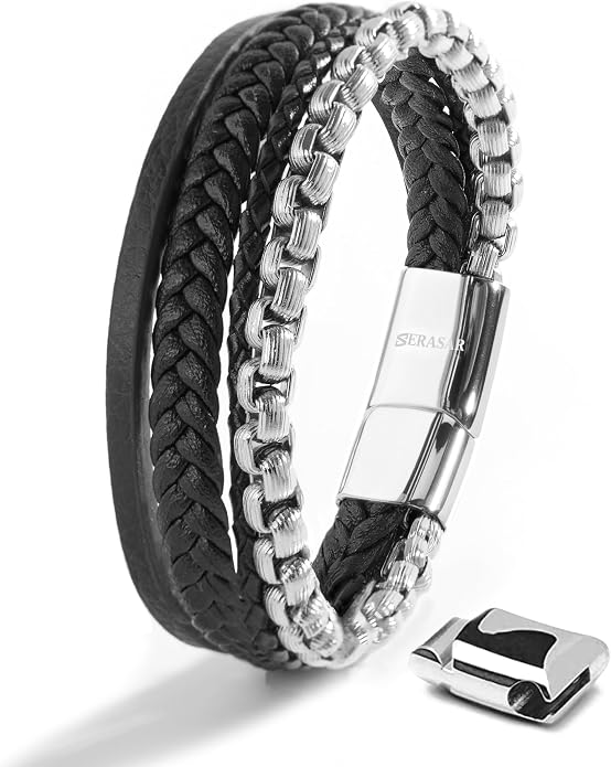 SERASAR Premium Leather Bracelet Men | Stainless Steel Magnetic Clasp | Three Colors | Jewelry Box Included