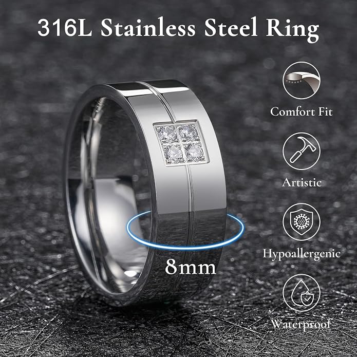 King Will Men's Titanium Wedding Band - 8mm Polished Band with Step Edges and Cross Design Featuring White Zirconia Insets Comfort Fit Size 7-14