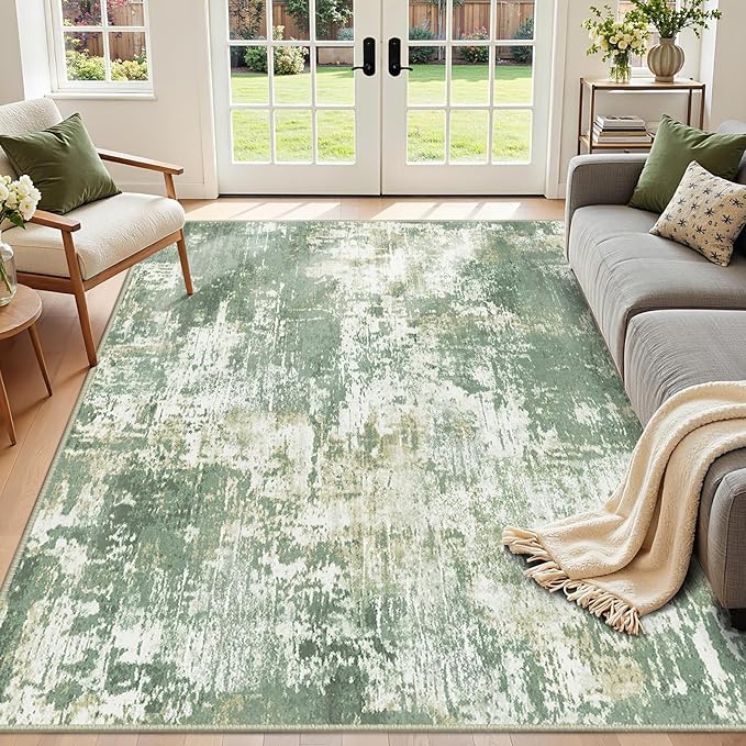 RELEANY Washable Area Rugs 3'x5' Non-Slip Modern Abstract Soft for Living Room Entryway Bedroom Kitchen, Print Pattern, Light Green/Yellow