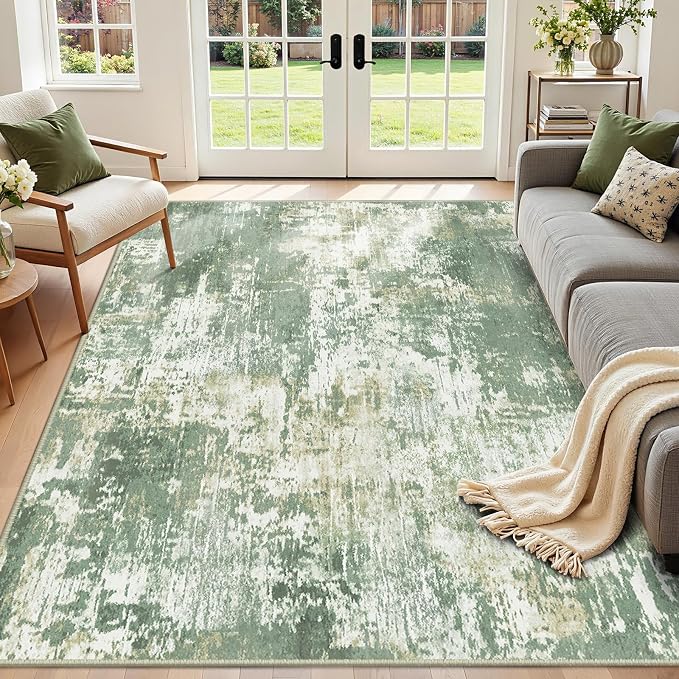 RELEANY Washable Area Rugs 6'x8' Non-Slip Modern Abstract Soft for Living Room Entryway Bedroom Kitchen, Print Pattern, Light Green/Yellow