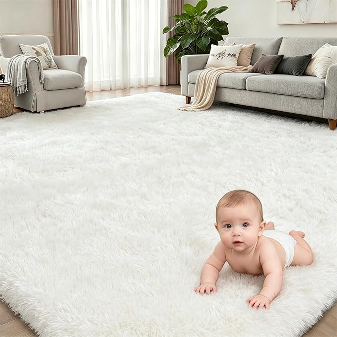 Fluffy Area Rugs 9x12 Living Room Bedroom: Ultra Soft Shag Rug Upgrade Non-Slip Non-Shedding Large Fuzzy Plush Carpet Indoor Floor Carpets for Kids Room Playroom Nursery Dorms Home Decor Ivory