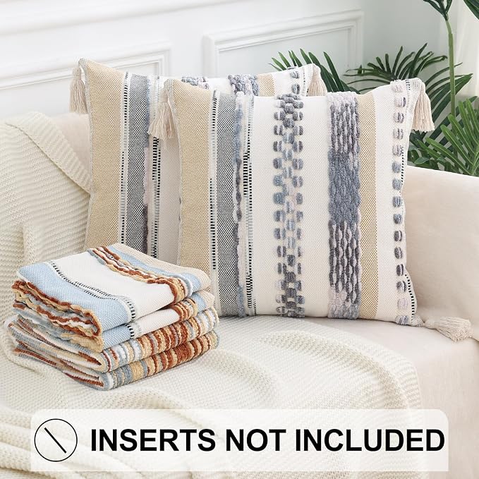 Simmore Fall Boho Decorative Grey Throw Pillow Covers 18X18 Set of 2 | Tufted Accent Modern Farmhouse Neutral Pillow Covers with Tassels for Cozy Bohemian Couch Sofa Bedroom Home Decor