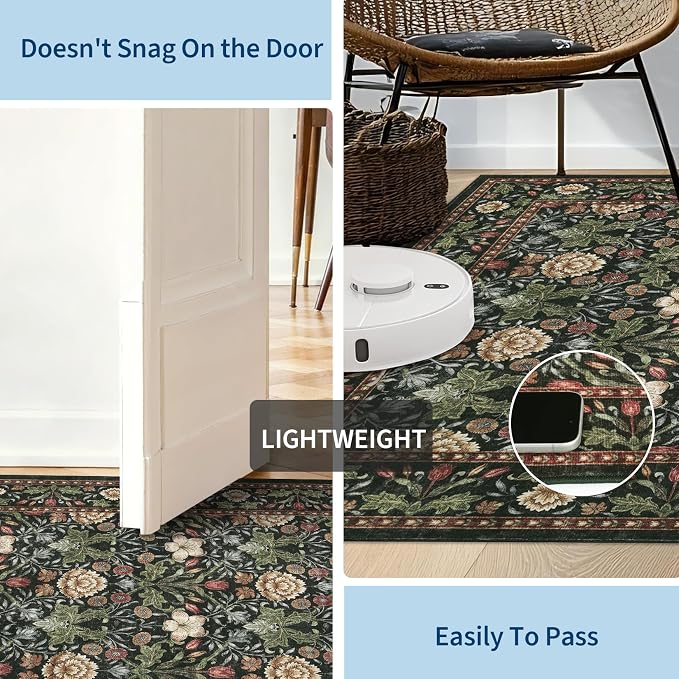 GarveeHome Washable Runner Rug 2x6, Non Slip Floral Kitchen Runner for Hallway Entryway Forest Green Laundry Bathroom Mat Farmhouse Thin Stain Resistant Carpet for Bedroom Beside Rug