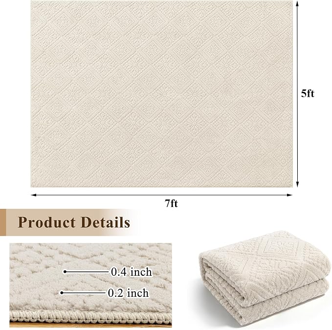 U'Artlines 5x7 Beige Washable Area Rug for Living Room, Soft Fluffy High Low Textured Carpet, Modern Neutral Geometric Non Slip Rugs for Bedroom Dining Room Kids Room