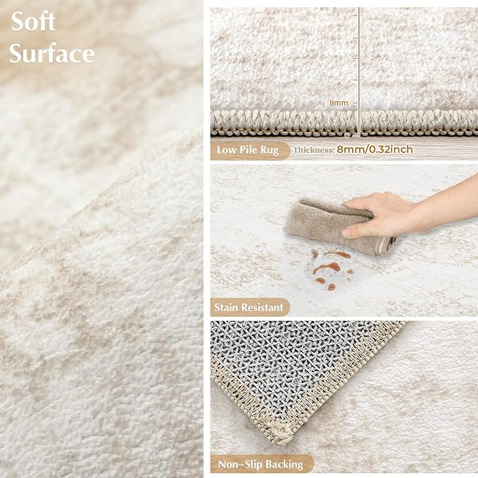 Vintage Living Room Area Rug - 9x12 Large Machine Washable Boho Moroccan Rug Distressed Farmhouse Rugs for Bedroom - Soft Non-Slip Indoor Carpet for Dining Room Office Nursery(Ivory, 9'x12')