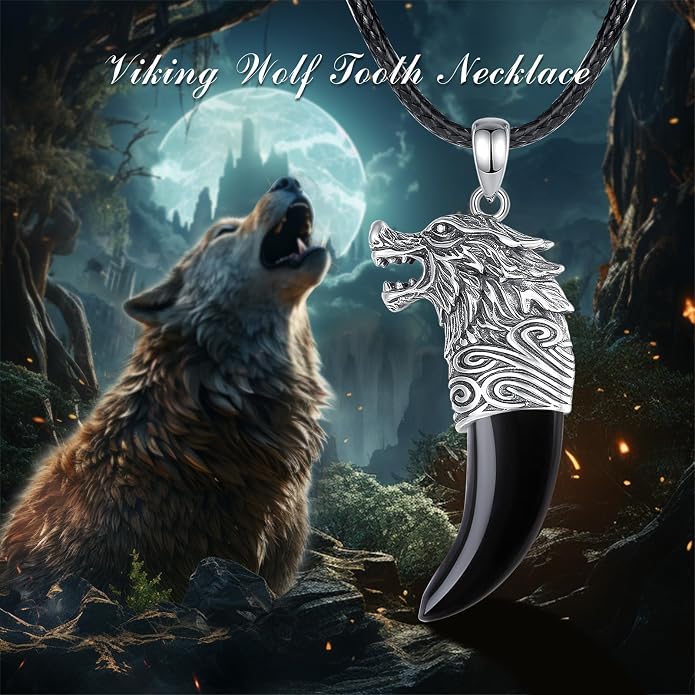 925 Sterling Silver Viking Wolf Mjolnir Necklace for Men Women, Viking Runes Wolf Tooth Witch Celtic Knot Amulet Protection Pendant Nordic Norse Mythology Jewelry Gift for Men Women