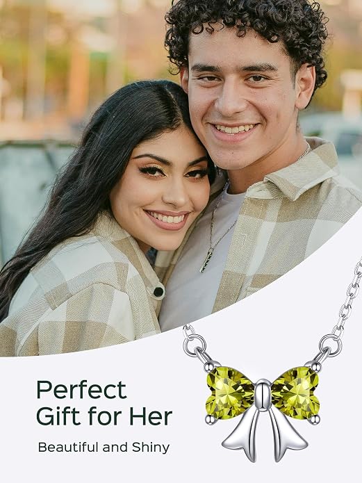 ChicSilver Bow and Cat Birthstone Necklace, 925 Sterling Silver Pendant Necklaces for Women, Hypoallergenic Silver Choker with 16 inch Rolo Chain, 12 Months Jewelry for Valentines Mothers Day Christmas