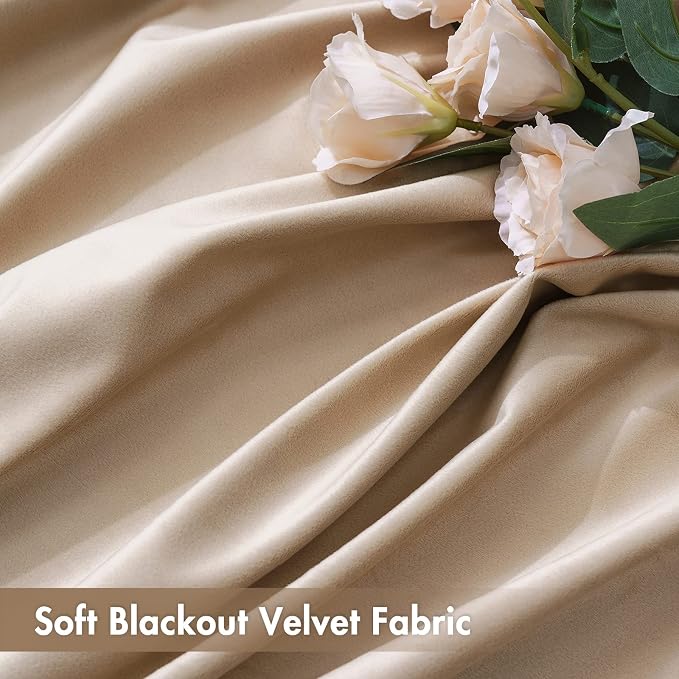 MIULEE Camel Beige Blackout Velvet Curtains Drapes 96 Inch Long 52"x96" | Luxurious Bedroom Living Room Decor, Room Darkening, Thermal Insulated, Rod Pocket Design, Super Soft Fabric