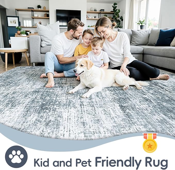 5x7 Area Rugs Washable Rug:Anti-Skid Abstract Modern Living Room Rug Soft Thin Carpets Indoor Floor Non-Shedding Carpet for Bedroom Dining Farmhouse Nursery Home Office(Light Slate Blue/White, 5x7)
