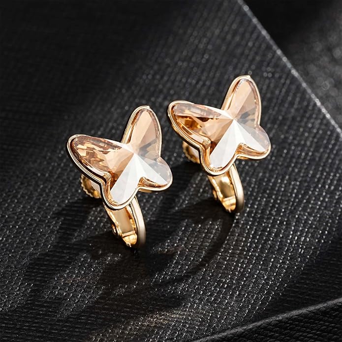 EVEVIC Austrian Crystal Butterfly Clip On Earrings for Women Adjustable Screw Back Non Pierced Earring 14K Gold Plated Hypoallergenic Jewelry