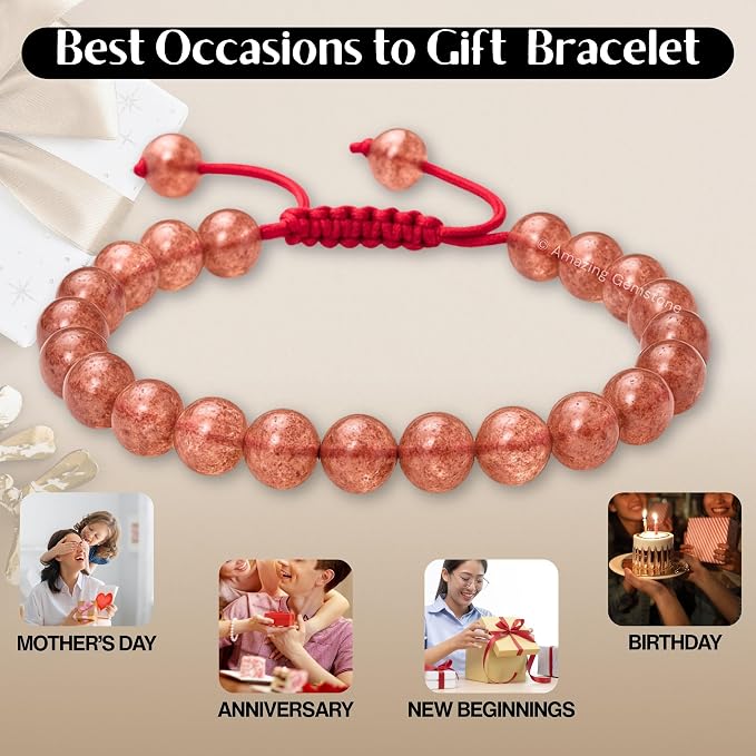Amazing Gemstone Strawberry Quartz Bracelet for Women Men's Gifts - Protection Healing Crystal Bracelet - 8mm Gemstone Beaded Adjustable Bracelet