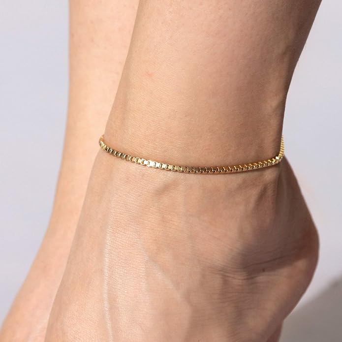 LIFETIME JEWELRY Womens Gold Anklet 2.3mm Box Chain Ankle Bracelet 24k Real Gold Plated