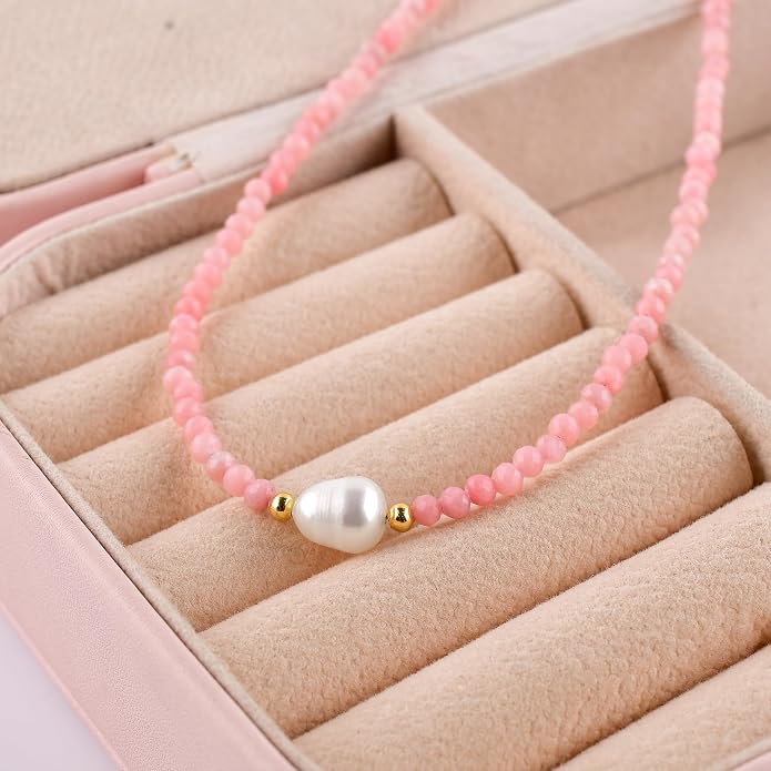 InfinityGemsArt Gemstone Gold Necklace For Women, Birthstone Natural Crystal Stone With Freshwater Pearl Beaded Jewelry, Gold Plated 18 Inch Chain
