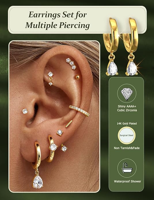 Hypoallergenic Silver Gold Earrings Stacks - 9 Pairs 14K Gold Plated Surgical Stainless Steel Earring Set for Sensitive Ears - Small Ear Piercing Flat Back Cartilage Earrings for Women Trendy Gifts