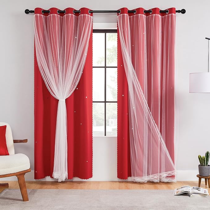 XiDi Red Curtains 63 Inches Long for Living Room Double Layer Curtains with Sheer Overlay for Girls Kids Bedroom Decor Ideal Princess Unicorn Theme Grommet Windows Drapes 2 Panels 34x63