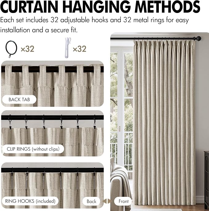MIULEE Pinch Pleated Thick Linen Curtains 84 Inch 4 Panels Set Back Tab Memory Trained Pinch Pleat Semi Sheer Light Filtering Privacy Let Light in Window Drapes for Living Room Bedroom Burlywood Birch