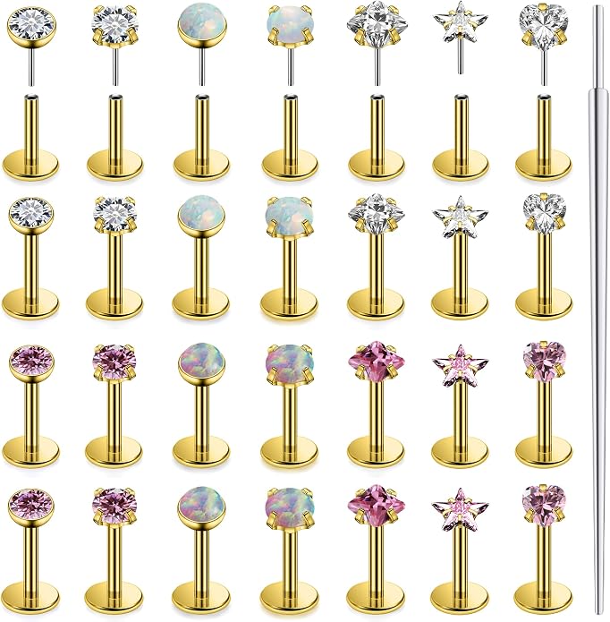 Vsnnsns 14K Gold Plated 16G 18G 20G Threadless Nose Rings Studs Flat Back Earrings Stainless Steel Tragus Helix Conch Earrings Stud Snake Bite Lip Rings Labret Medusa Piercing Jewelry for Women Men