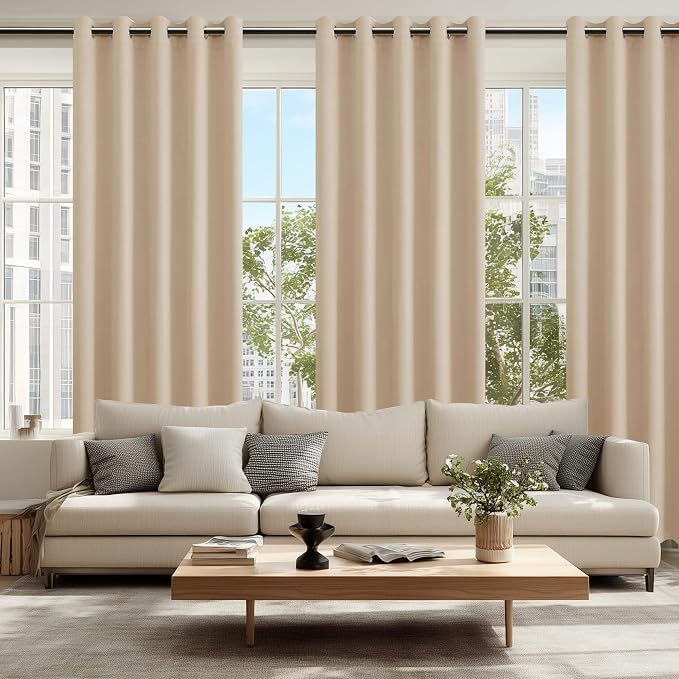 Hiasan Blackout Curtains for Bedroom, 60 x 84 Inches Long - Thermal Insulated & Energy Saving Window Curtains for Living Room, 2 Drape Panels Sewn with Tiebacks, Beige
