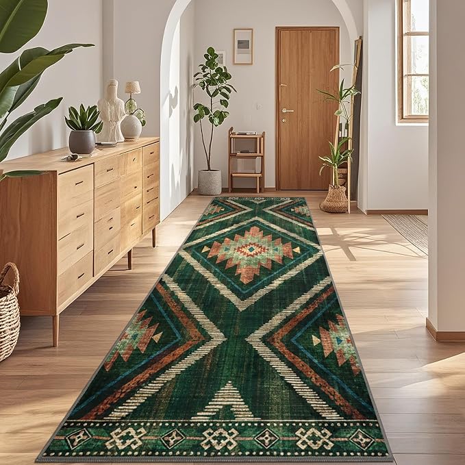 Boho 2.6x8ft Runner Rugs for Hallway Kitchen Non Slip, Long Green Geometric Washable Entryway Rug Runners Low Pile, Soft Vintage Indoor Floor Carpet for Doorway Bedroom Farmhouse Home Decor