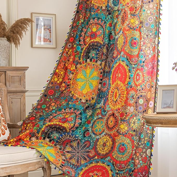 Boho Curtains Geometric Light Filtering Semi-Blackout Window Curtains 63 Inches Long Rod Pocket Drapes for Living Room 2 Panels-Dot Colorful