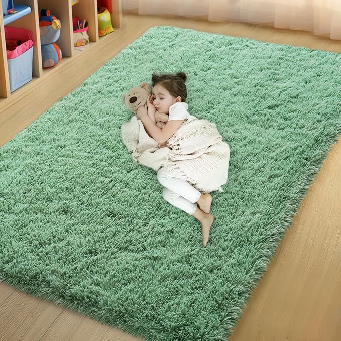 qulint Bedroom Area Rug 4x6, Fluffy Shag Sage Green Rugs for Living Room | Fuzzy Plush Small Carpet for Nursery Shaggy Alfombra for Boys and Girls Dorm Kid Room Dorm Classroom Home Decor