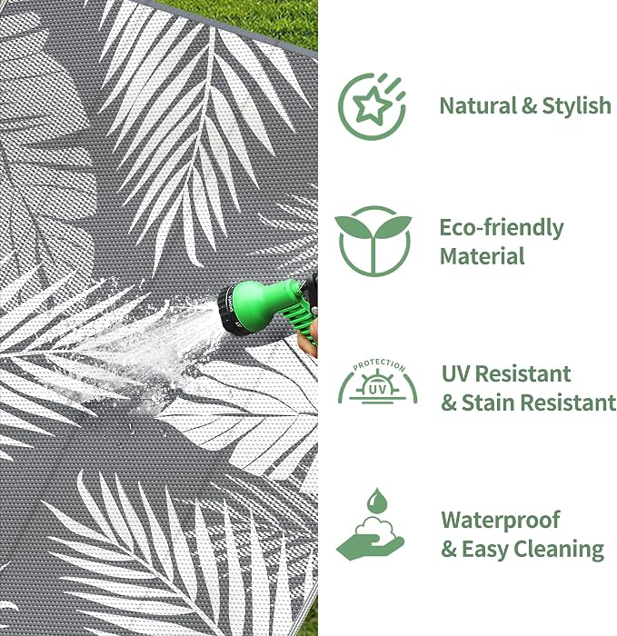 GENIMO Outdoor Rug, Waterproof Plastic Rugs 8'x16' for Camping Grey White | Outside Larger Leaf Carpet Mat for Patio Decor, RV, Porch, Camper, Deck, Picnic, Beach, Backyard, Reversible, Foldable