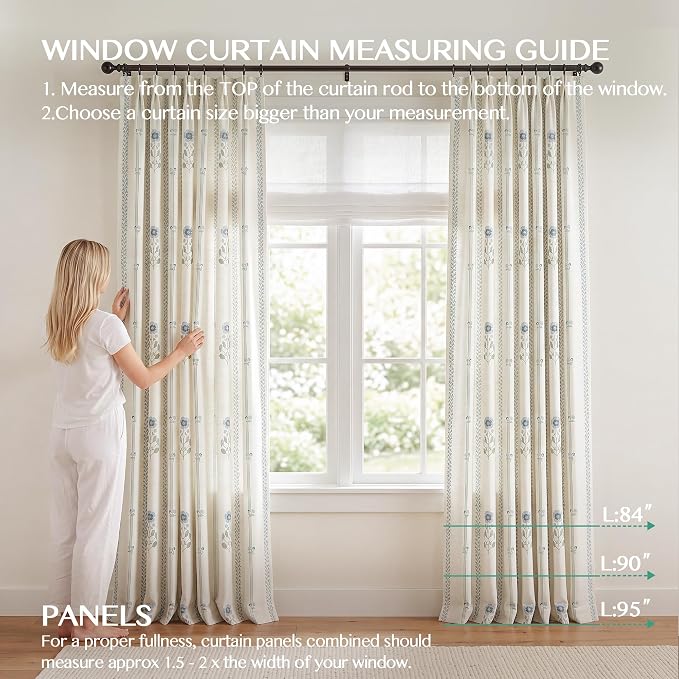 THREE GIRLS Pinch Pleated Curtains for Living Room Bedroom Dining Room - 102 Inches Light Filtering Floral Curtains Luxury Linen Drapes Farmhouse Window Curtains with Hooks - 2 Panels Set