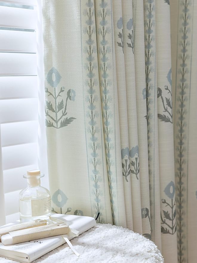 DrapePalette - Linen Blend Pinch Pleated Curtains 108 Inches Long for Living Room, Bedroom, Dining Room, Light Filtering Curtains 2 Panels Set, Modern Floral Printed Design, Antique White 30"W x 108"L