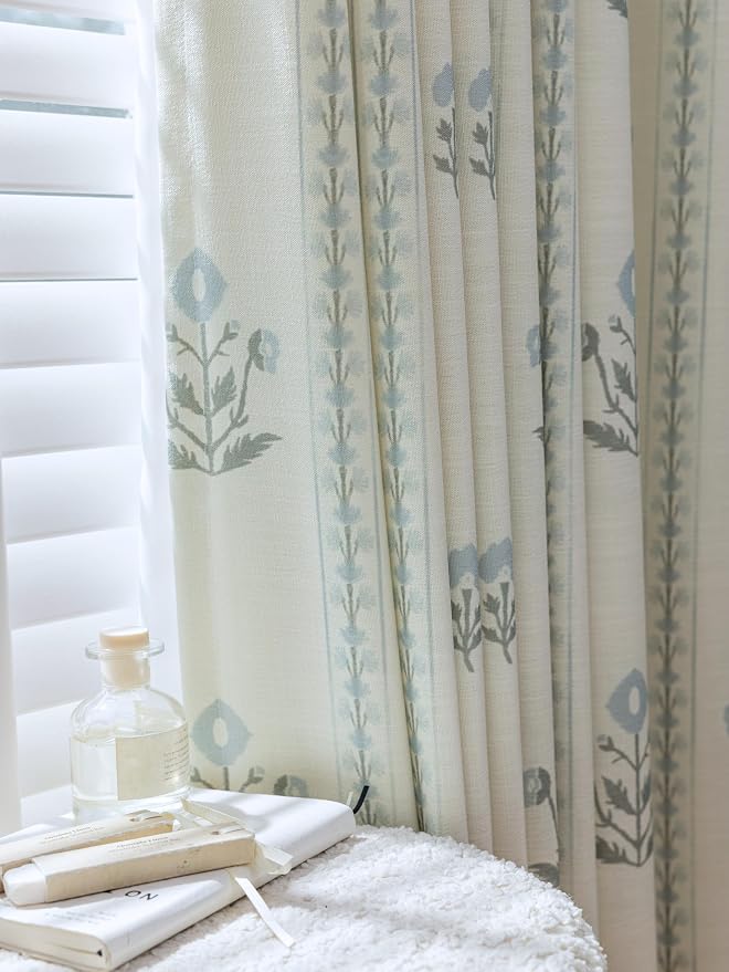 DrapePalette - Linen Blend Pinch Pleated Curtains 84 Inches Long for Living Room, Bedroom, Dining Room, Light Filtering Curtains 2 Panels Set, Modern Floral Printed Design, Antique White 30" W x 84" L