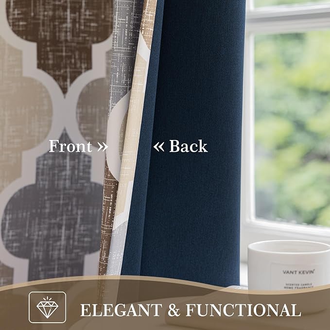 Beauoop Moroccan 100% Blackout Curtains Bedroom Brown Grey 50x72 2 Panels | Geometric Room Darkening Drapes for Living Room 84 Inch Long Thermal Insulated Soundproof Lattice Window Treatment Rod Pocket