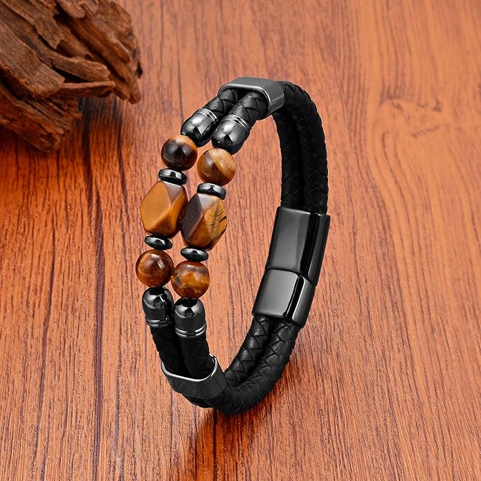 Mens Turquoise/Lapis Lazuli/Tiger Eye/Black Agate/Obsidian Leather Braided Bracelets for Father's Day/Birthdays/Graduation Jewelry Wristband Cuff Bracelet with Stainless Steel Clasp