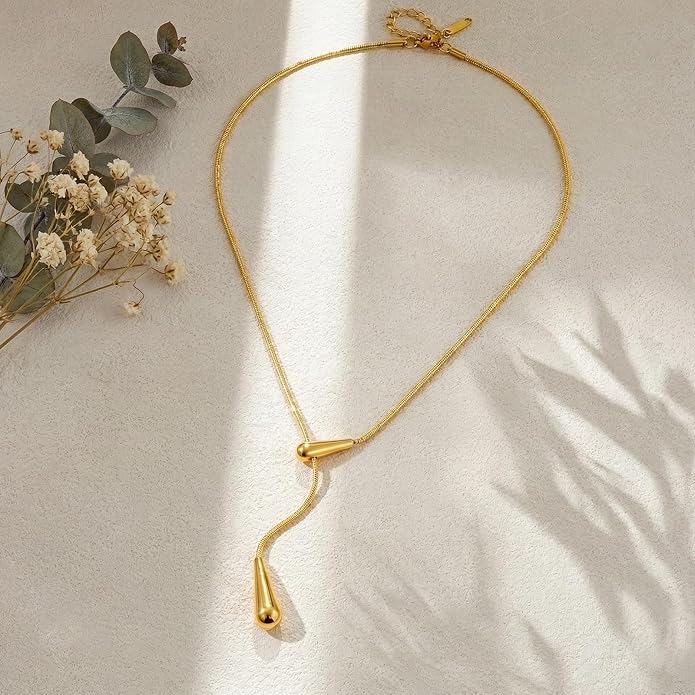18k Gold Long Necklace for Women Dainty Snake Chain Bolo Adjustable Minimalist Round Bead Jewelry Trendy Simple Aesthetic Gifts for Her