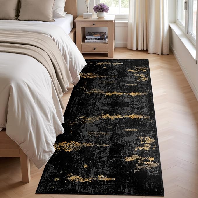 RELEANY Washable Area Rugs 2'x8' Non-Slip Modern Abstract Soft for Living Room Entryway Bedroom Kitchen, Print Pattern, Dark Black Gold