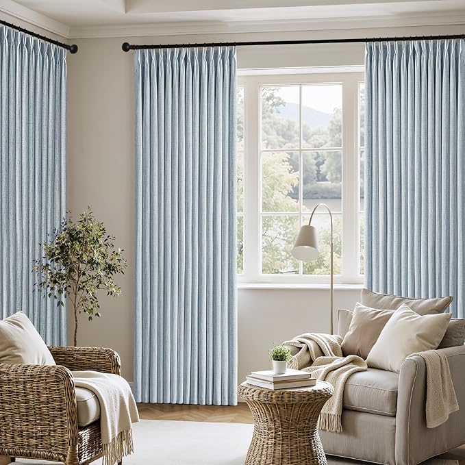 MIULEE Pinch Pleated Thick Linen Curtains 102 Inch 4 Panels Set Back Tab Memory Trained Pinch Pleat Semi Sheer Light Filtering Privacy Let Light in Window Drape for Living Room Bedroom Chambray Blue