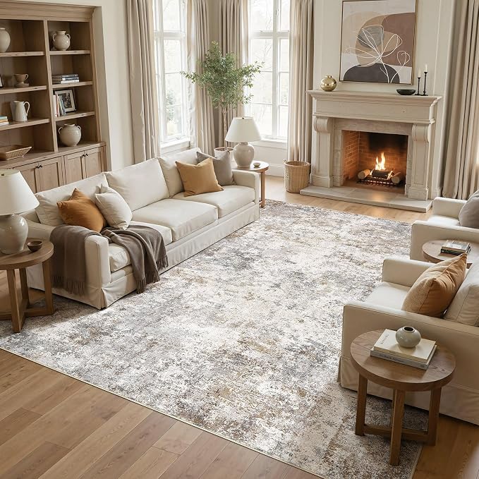 UERMEI Square Area Rugs : Washable 10x10 Neutral Modern Abstract Carpet for Living Room Bedroom - Soft Floor Mat with Non Slip Backing for Kitchen Nursery Dorms Farmhouse Home Decor - Brown Grey