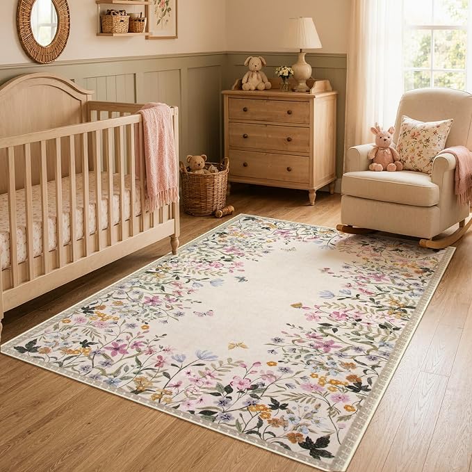 Wonnitar 4x6 Washable Area Rug, Boho Floral Bedroom Rug, Botanical Carpet for Nursery, Beige Non Slip Office Rug, Farmhouse Kitchen Kids Playroom Decor (4x6 Beige)
