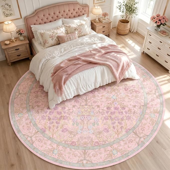 Lunasun Light Pink Large Round Rug for Living Room - 8ft Circle Area Rug for Bedroom, Kids Room, Home Office, Foyer, Non Slip Washable Botanical Floral 8 x 8 Décor