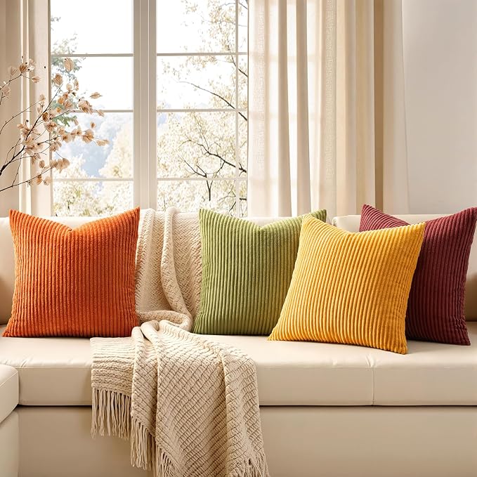 EMEMA Burnt Orange Decorative Throw Pillow Covers 22x2 2Inch Set of 4 Boho Farmhouse Corduroy Striped Square Pillow Case,Western Modern Cushion Covers for Couch Bed Livingroom Home Decor