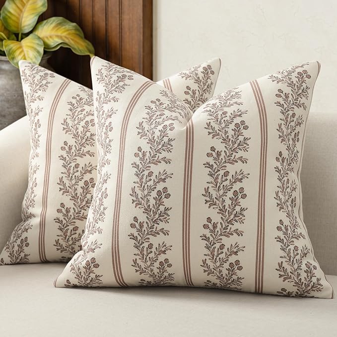 Vintage Throw Pillow Covers 24x24 Set of 2, Striped Floral Pillow Cover Botanical Patterned Decorative Cushion Covers Modern Farmhouse Home Decor for Sofa Couch Bed Living Room, Almond
