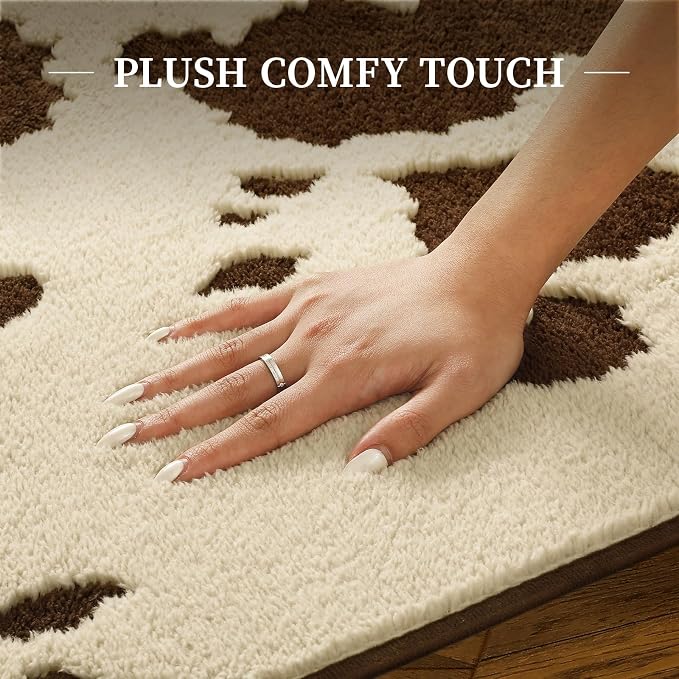 YIHOUSE Cowhide Area Rugs 5×7 Ft, Washable Plush Soft Brown and Cream Cow Rug, Non-Slip High-Low Pile Animal Carpet for Living Room, Bedroom, Dining Room, Nursery, Western Home Decor