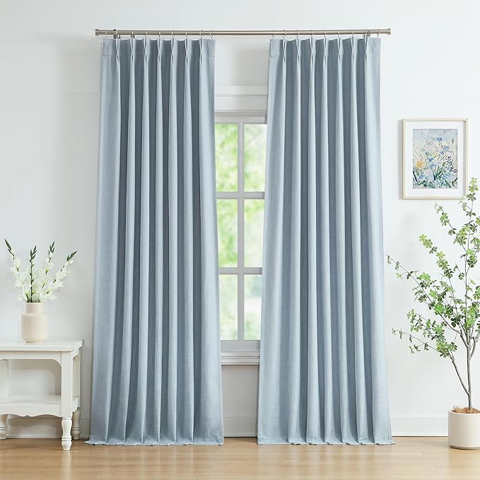 WEST LAKE 90 Inches Length Dusty Blue Pinch Pleated Blackout Curtain Panels | Linen Textured Drapes for Bedroom Living Room,Energy Efficient Backtab Hooks Window Treatment,40"Wx90"Lx2
