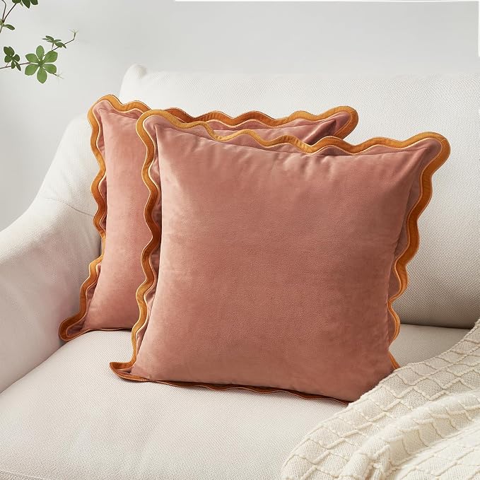 MONDAY MOOSE Decorative Throw Pillow Covers Cushion Cases, Set of 2 Soft Velvet Scalloped Wavy Edge Designs, Mix and Match for Home Decor, Pillow Inserts Not Included (22x22 inch, Pink/Honey)