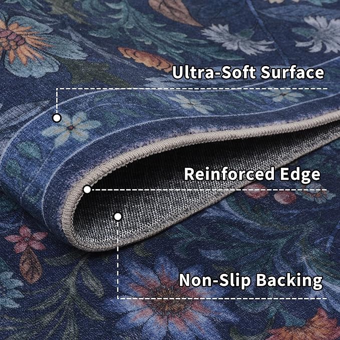 Floral Washable 6x9 Area Rug，Blue Boho Rugs for Living Room, Soft Low-Pile Non-Slip Stain Resistant & Non-Shedding Carpet for Bedroom, Dining Room, Office, Entryway, Nursery