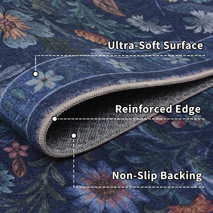 8x10 Washable Area Rug for Living Room, Large Blue Beige Floral Rugs, Soft Non-Slip Stain Resistant Boho Lightweight Carpet for Bedroom Dining Room Nursery Home Office