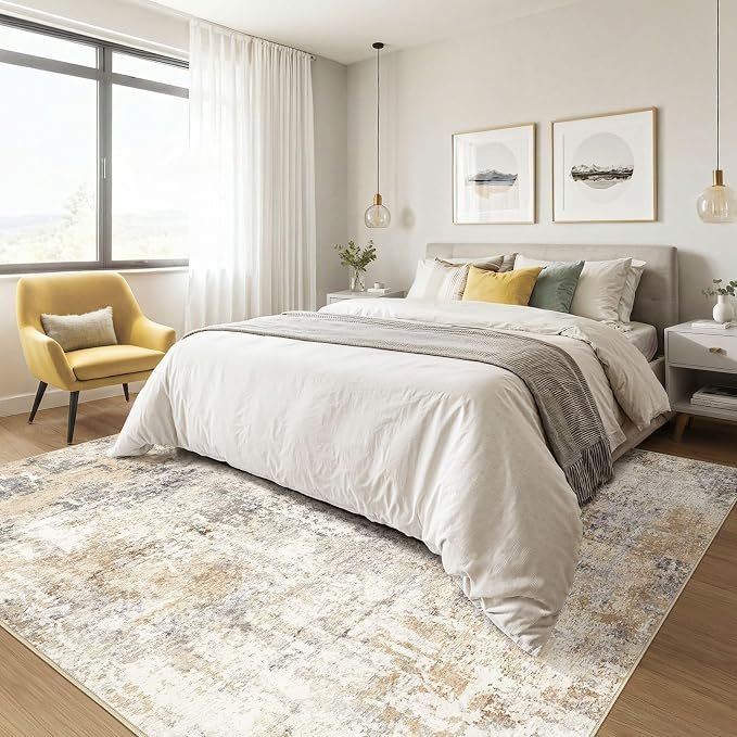 Square Rug 10x10 Living Room: Large Washable Abstract Modern Soft Area Rug Stain Resistant Indoor Floor Non-Slip Accent Carpet for Bedroom Nursery Playroom Dining Room Office Dorm Home- Gray Gold
