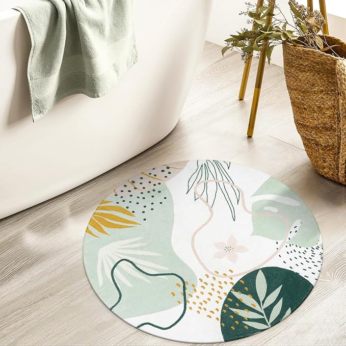Lahome Boho Round Area Rug - 3Ft Washable Bathroom Rug Non-Slip Small Circle Rug for Bedroom Throw Soft Cute Kids Nursery Rug, Green Botanical Print Carpet for Entryway Sofa Living Room