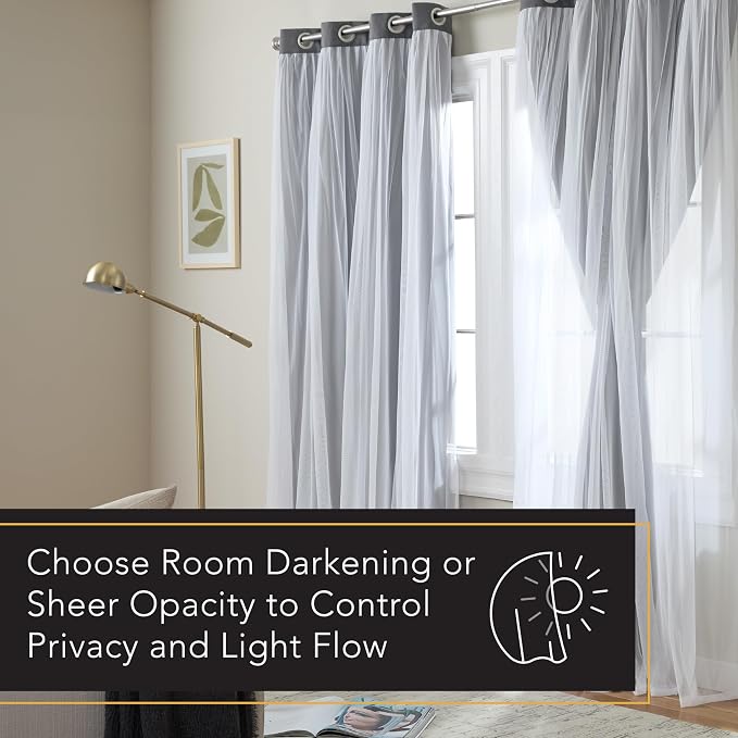 TOWN & COUNTRY LUXE Talia Double Layer Indoor Curtains, Sheer and Room Darkening Blackout, Grommet Top, Energy Efficient, 2-Pack Set, 52"x84", Black Pearl