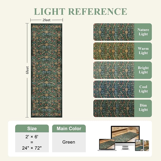 DUKINO 2x6 Runner Rug, Washable Vintage Floral Kitchen Rug, Green | Non Slip, Low Pile, Stain Resistant Boho Soft Throw Carpet Runner for Hallway Bathroom Laundry Bedroom Entryway, Non-Shedding