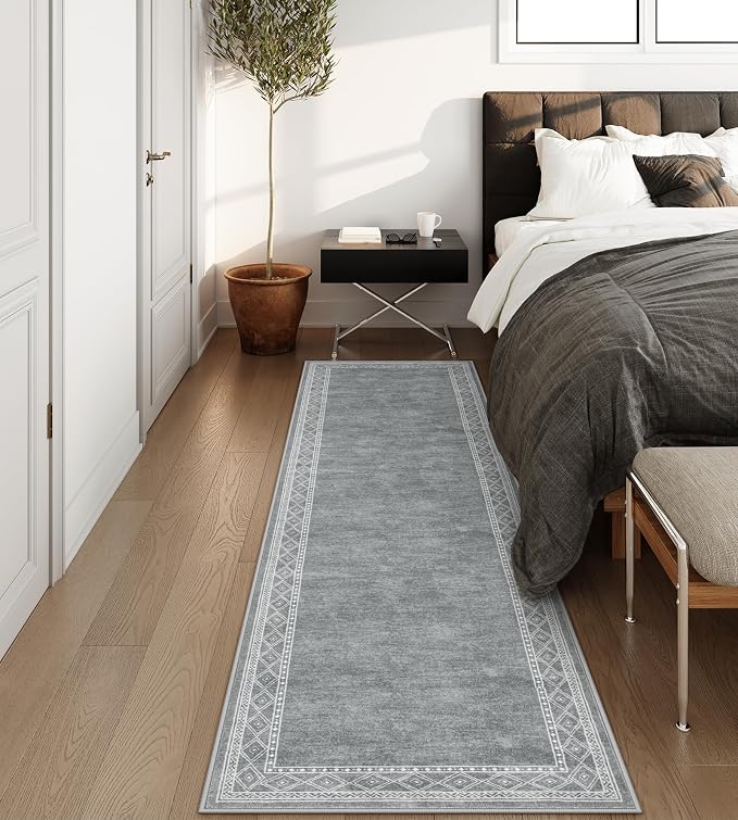 Lahome Modern Bordered Washable Runners for Hallways, 2.5x8 Kitchen Runner Rug Non Slip, Ultra-Thin Soft Hallway Rug for Bedroom Entryway Bathroom Laundry (2.5'x8',Grey)