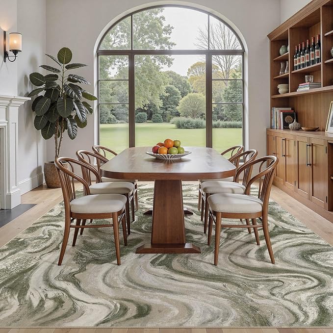 DMOYEST 9x12 Area Rug for Living Room:Washable Modern Neutral Abstract Rug with Low Pile Non Slip Soft Thin Large Indoor Carpet for Bedroom Dining Room Home Office Decor-Olive Green